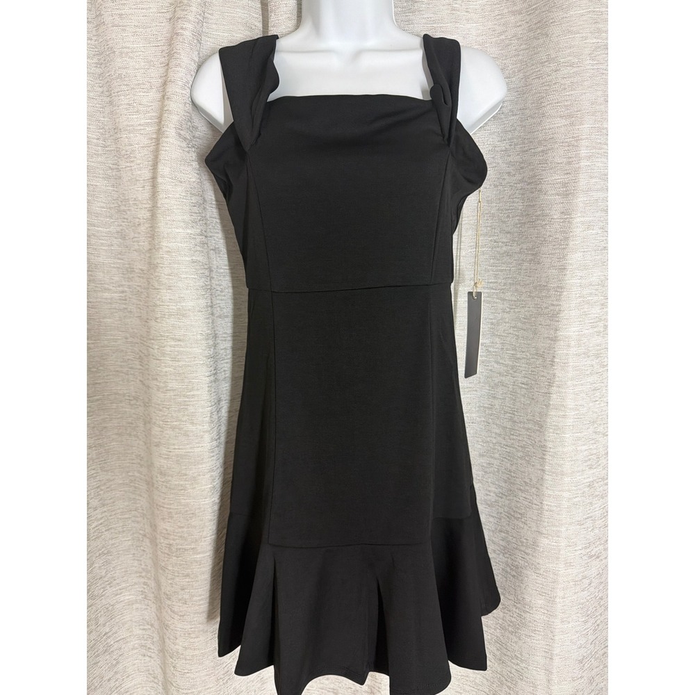 Harper Wren Black Square Neck Pleated Hem Mini Dress Medium NWT